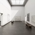 Spacious White Gallery Interior Featuring Large Black White Abstract Paintings Wooden Benches Dark Stone Floor
