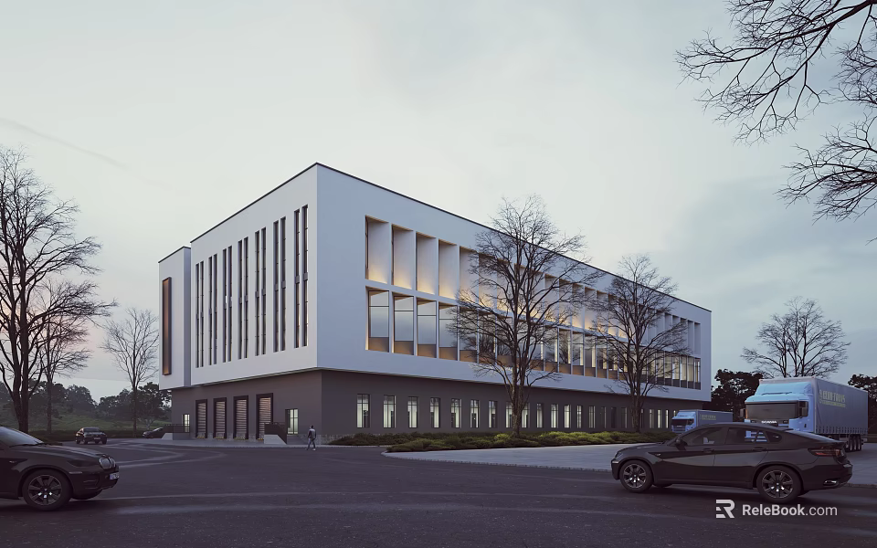Modern Industrial Factory Building With White Gray Facade Large Glass Windows Trees And Parked Cars 3d model 
