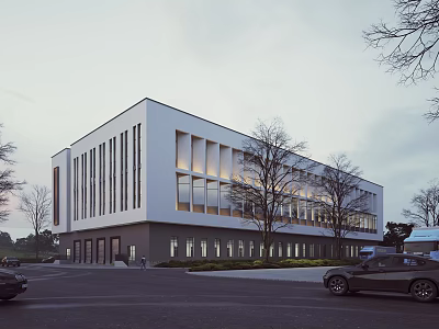 Modern Industrial Factory Building With White Gray Facade Large Glass Windows Trees And Parked Cars 3d model