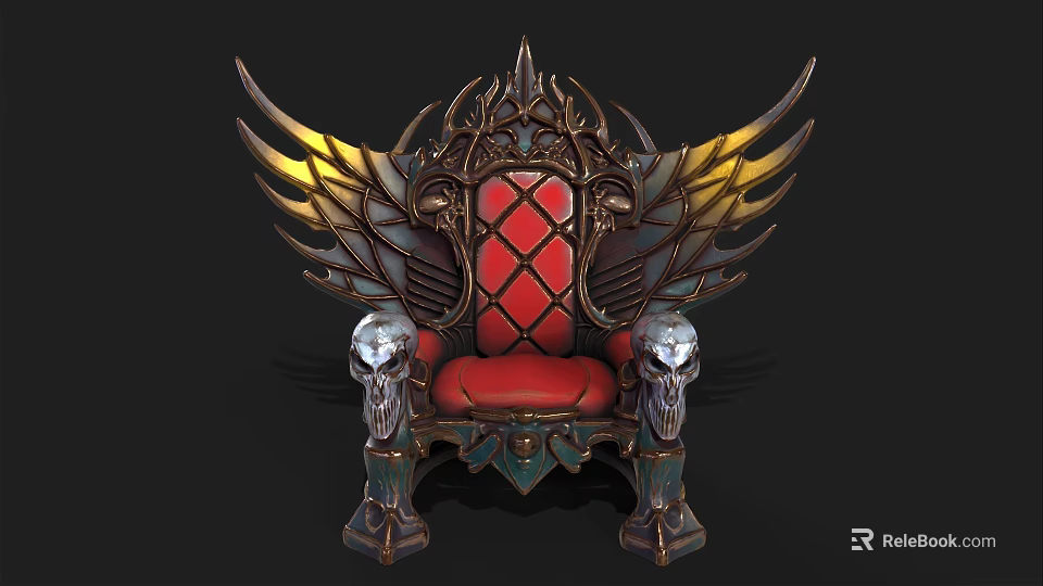 Ornate Vintage Chair With Golden Wings Red Seat And Skull Decorations 3d model 