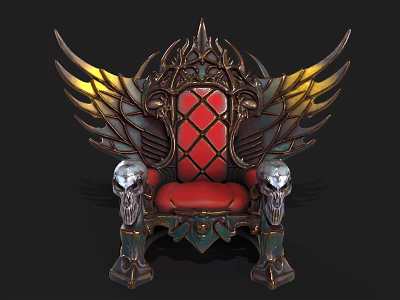 Ornate Vintage Chair With Golden Wings Red Seat And Skull Decorations 3d model