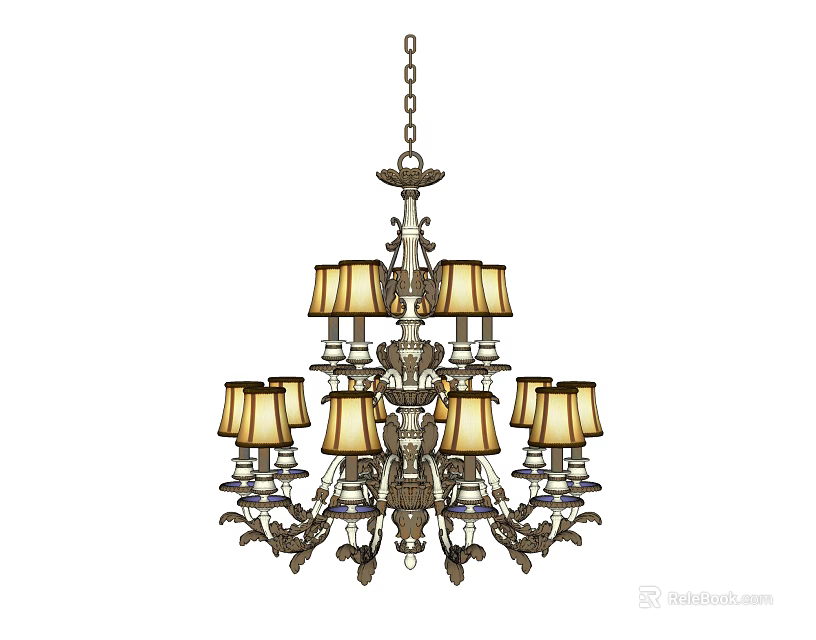 Classic Multi Tiered Chandelier With Fabric Shades And Ornate Metal Chain Design 3d model 