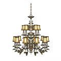 Classic Multi Tiered Chandelier With Fabric Shades And Ornate Metal Chain Design