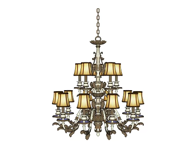 Classic Multi Tiered Chandelier With Fabric Shades And Ornate Metal Chain Design 3d model