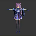 Anime Style Cat Eared Character In Purple Blue Outfit With Flowing Ribbons And Outstretched Hands
