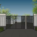 Modern Gray Building Exterior Wall with Black Metal Gate Greenery and Sleek Floor Reflection