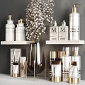 Luxury Perfume Cosmetics Display with White Gold Bottles and Floral Vase on Shelves