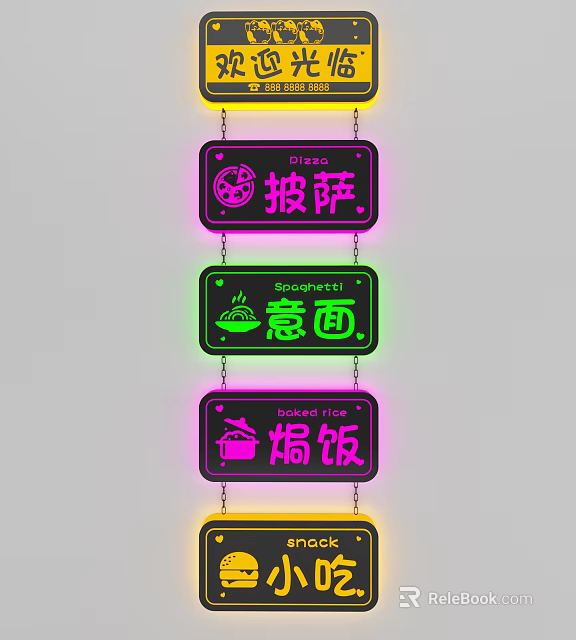 Colorful Hanging Neon Decorative Lights With Food Icons And Chinese Characters For Restaurant 3d model 