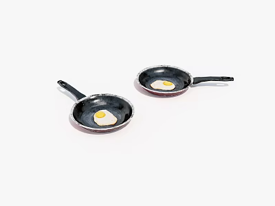 Black Frying Pans With Fried Eggs On White Background Kitchen Utensils 3d model