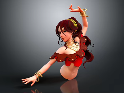 3D Female Character Adorned With Golden Jewelry Red Hair Red Brown Outfit In Kneeling Pose 3d model