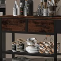 Kitchen Storage Cart with Wooden Top Metal Frame Holding Bottles Spices Pots and Pumpkin