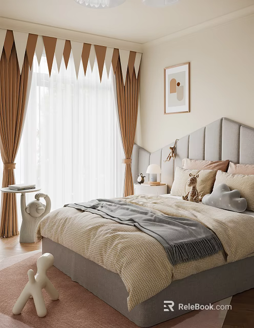 Kids Room Interior Design With Gray Headboard Brown Curtains White Sheer Curtains And Stuffed Toys 3d model 