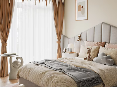 Kids Room Interior Design With Gray Headboard Brown Curtains White Sheer Curtains And Stuffed Toys 3d model