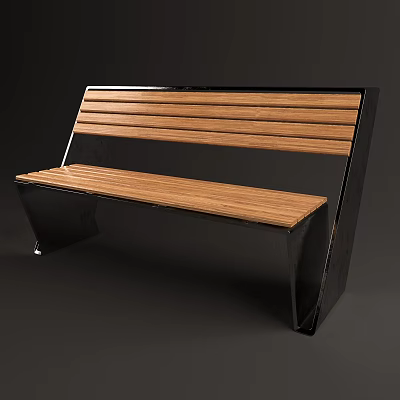 Modern Public Bench With Wooden Slat Seat And Black Metal Frame Design 3d model