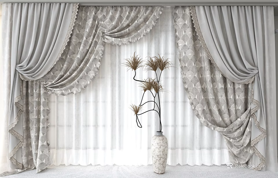 Gray Patterned Curtains with Elegant Draped Sides White Sheer Panels and Decorative Vase Plant 3d model 