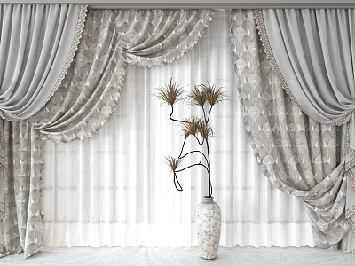 Gray Patterned Curtains with Elegant Draped Sides White Sheer Panels and Decorative Vase Plant 3d model