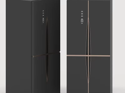 Black Modern Double Door Refrigerator With Golden Decorative Lines And Control Panel 3d model