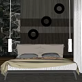 Modern Double Bed Interior With Black Circular Decorations Marble Wall And White Curtains 3d model