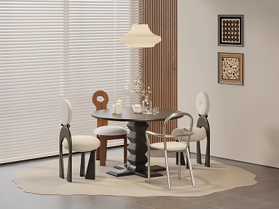 Modern Restaurant Interior With Round Dining Table Chairs Pendant Light Blinds And Artwork 3d model