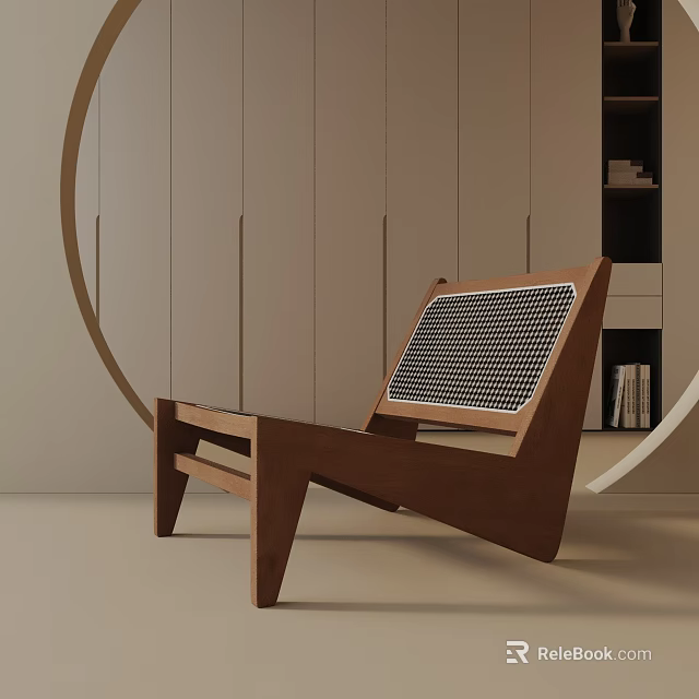 Modern Wooden Lounge Chair With Mesh Backrest In Minimalist Interior Setting 3d model 