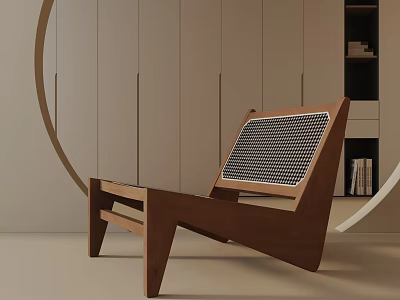 Modern Wooden Lounge Chair With Mesh Backrest In Minimalist Interior Setting 3d model