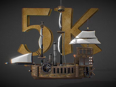 Decorative Ornament Set Featuring Vintage Steampunk Ship with Sails and Mechanical Details 3d model