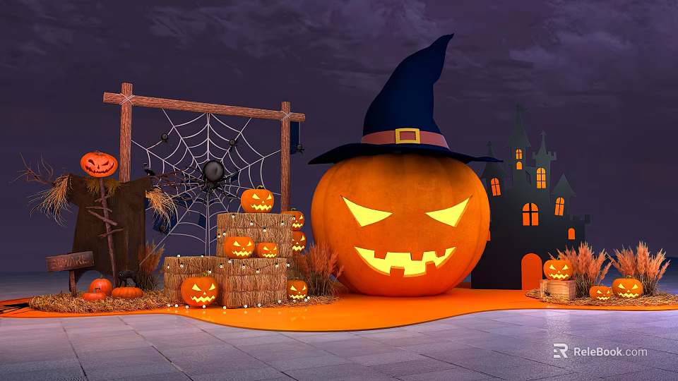 Halloween Themed Photo Spot With Large Jack-o'-lantern Witch Hat Spider Web And Hay Bales 3d model 