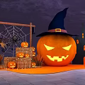 Halloween Themed Photo Spot With Large Jack-o'-lantern Witch Hat Spider Web And Hay Bales
