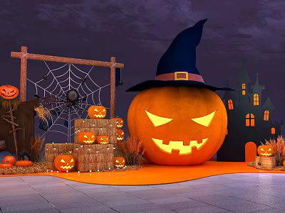 Halloween Themed Photo Spot With Large Jack-o'-lantern Witch Hat Spider Web And Hay Bales 3d model