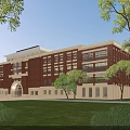 Modern Red Brick Office Building Featuring Multiple Windows Green Trees Lawn And Arched Entrance