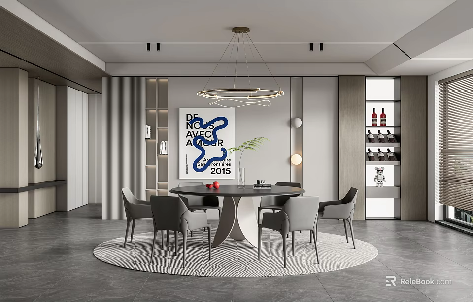 Elegant Modern Restaurant Interior With Round Dining Table Grey Chairs Pendant Light And Wine Rack 3d model 