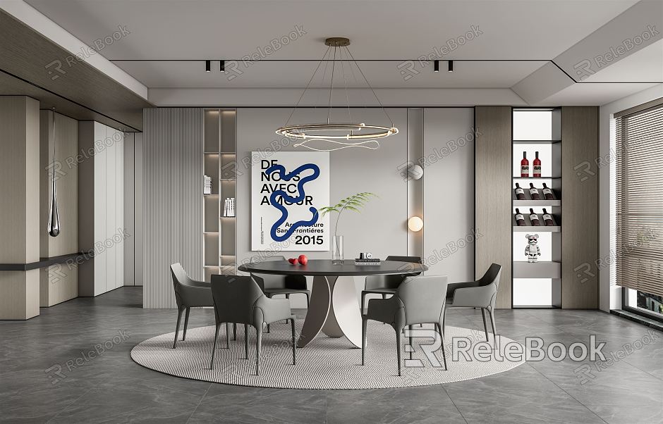 Modern Restaurant Dining Table and Chair Chandelier Wine Cabinet Venetian Blinds Wall Decorations Hanging Painting model