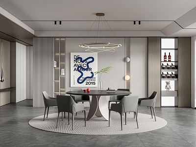 Modern Restaurant Dining Table and Chair Chandelier Wine Cabinet Venetian Blinds Wall Decorations Hanging Painting model