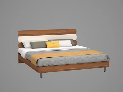 Modern Double Bed With Wooden Headboard Gray Yellow White Pillows And Metal Legs 3d model