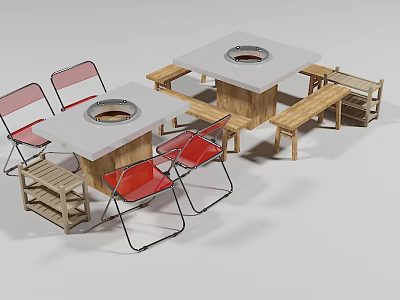Dining Table Set With Red Chairs Wooden Benches And Central Fire Pit 3d model