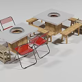 Dining Table Set With Red Chairs Wooden Benches And Central Fire Pit 3d model