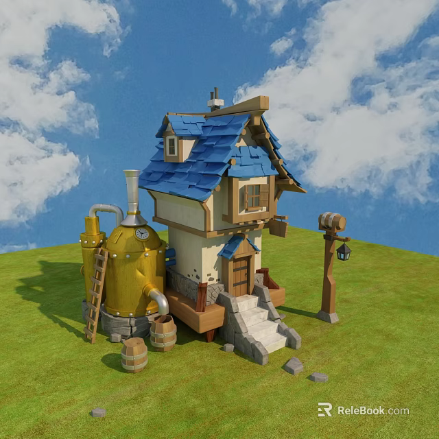 Cartoon Scene with Quirky House Blue Roof Yellow Barrel Wooden Barrels Ladder Lantern Green Grass 3d model 