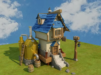 Cartoon Scene with Quirky House Blue Roof Yellow Barrel Wooden Barrels Ladder Lantern Green Grass 3d model