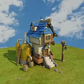 Cartoon Scene with Quirky House Blue Roof Yellow Barrel Wooden Barrels Ladder Lantern Green Grass