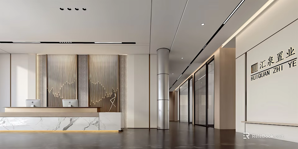 Modern Front Desk Reception Area With Marble Countertop Decorative Backdrop And Spacious Interior Design 3d model