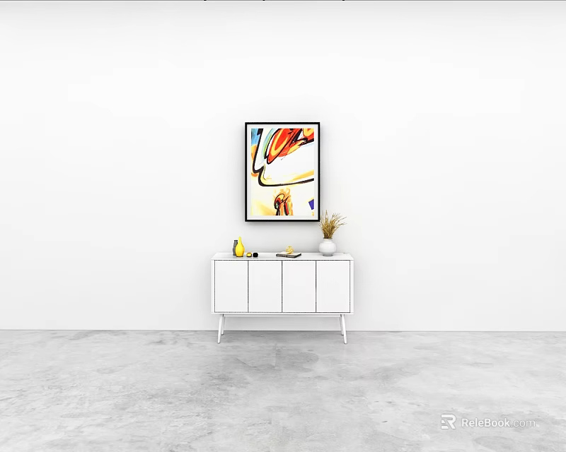 Modern White Entryway Console Table With Storage Cabinets And Decorative Artwork On Top 3d model 