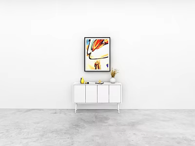 Modern White Entryway Console Table With Storage Cabinets And Decorative Artwork On Top 3d model