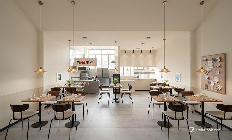 Modern Restaurant Interior With Dining Tables Chairs Pendant Lights And Open Kitchen 3d model 