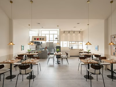 Modern Restaurant Interior With Dining Tables Chairs Pendant Lights And Open Kitchen 3d model