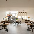 Modern Restaurant Interior With Dining Tables Chairs Pendant Lights And Open Kitchen
