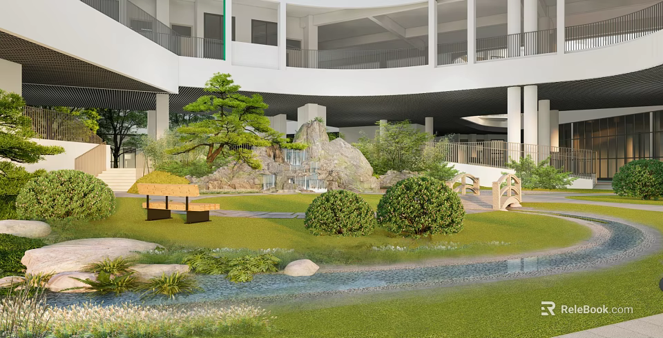 Tranquil Garden Landscape Design With Rockery Waterfall Pine Tree Lawn Benches Small Bridge And Stream 3d model 