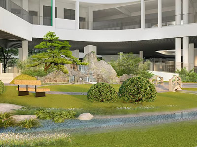 Tranquil Garden Landscape Design With Rockery Waterfall Pine Tree Lawn Benches Small Bridge And Stream 3d model