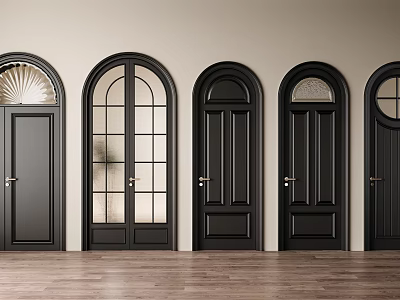 Black Arched Double Doors With Glass Panels Against Light Wall And Wooden Floor 3d model