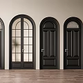 Black Arched Double Doors With Glass Panels Against Light Wall And Wooden Floor
