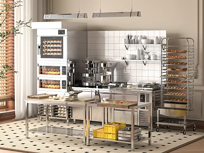 Stainless Steel Kitchenware Setup In Modern Kitchen With Oven Coffee Machine Bread Rack And Worktable 3d model